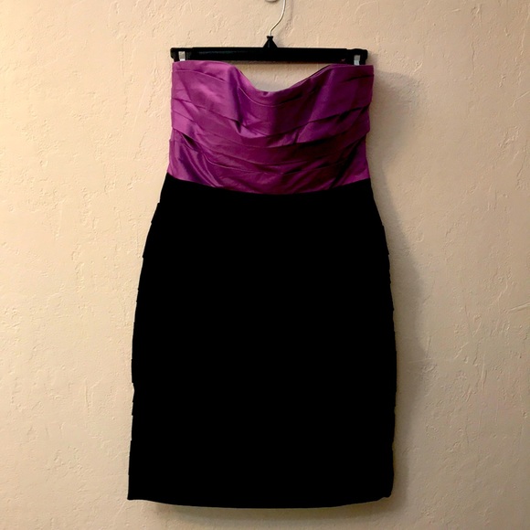 Strapless cocktail knee length dress. Satin - Picture 3 of 4